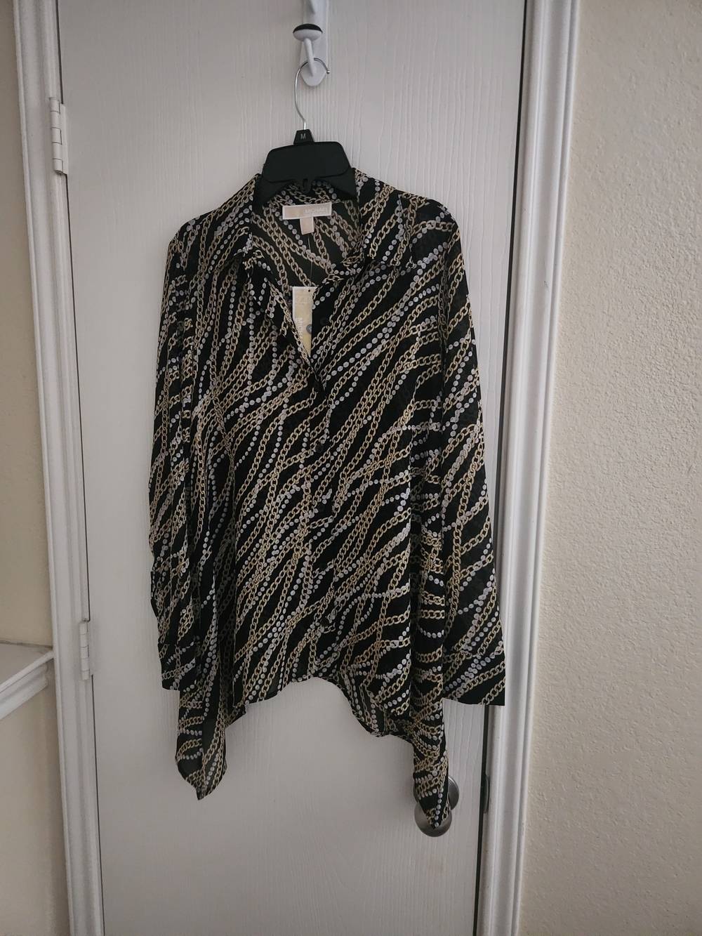 Michael Kors Black and Gold Chain-Print Button Blouse